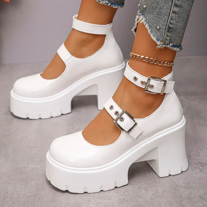 Cyflymder Chunky Platform Punk Gothic Shoes Women Ankle Buckle Super High Heels Pumps Woman Pu Leather Square Heel Mary Jane Shoes