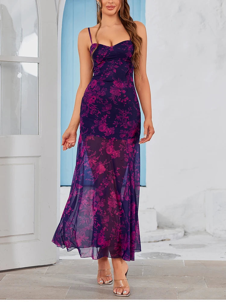 Cyflymder  Sweet Floral Camisole Long Dress For Women Summer Print Empire Bodycon Vestido Beach Holiday Elegant Mesh Robes Female