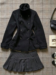 Cyflymder  Vintage Japanese Preppy 2 Piece Set Women Double Breasted Coat High Waist Pinstriped Pleated Mini Skirt Slim Fit Elegant Outfit