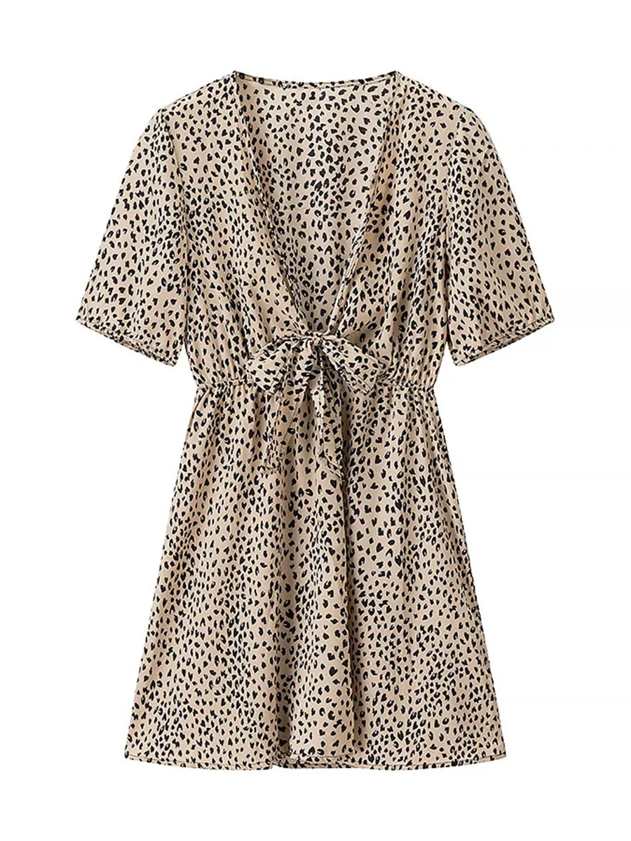 Cyflymder  French Sexy Leopard Printed Dress for Women V Neck Half Sleeve Spliced Lace Up Slim Temperament Dresses Female New