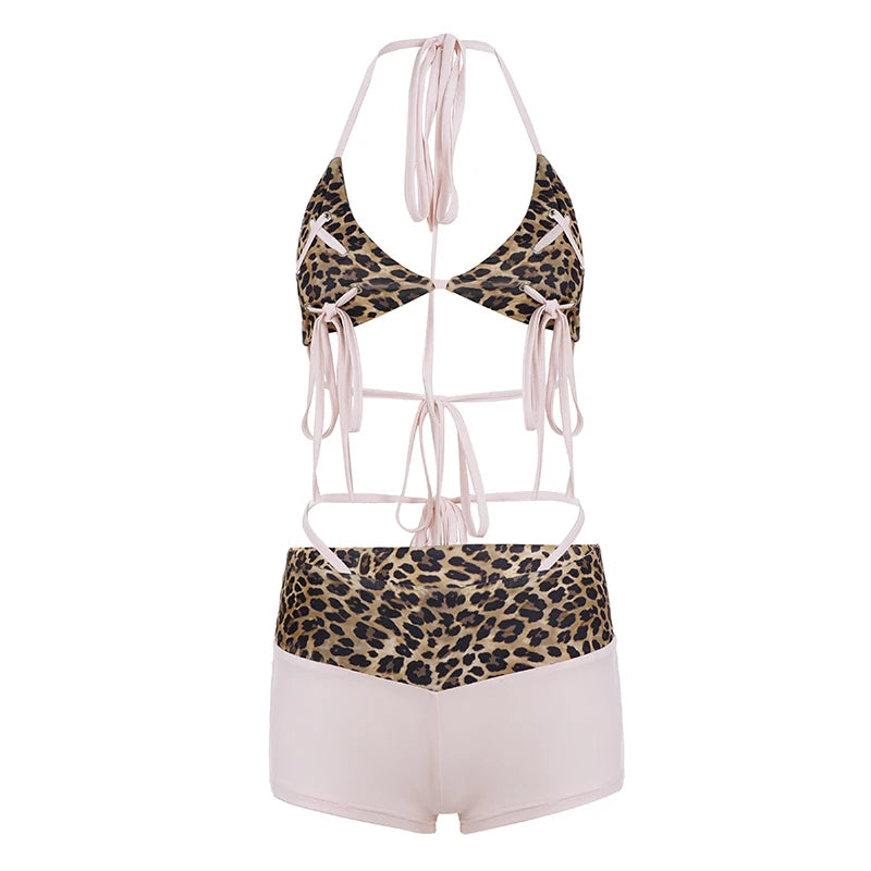 Cyflymder  Sexy Leopard Printed Contrast Color Two Pieces Set Summer Holiday Beach Style Backless Mini Top And Low Waist Short Outfits New