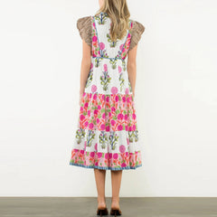 Cyflymder  Floral Print Long Dress y2k Women's V Neck Flying Sleeve Flowy A Line Dress Vacation Beach Party Dresses Streetwear