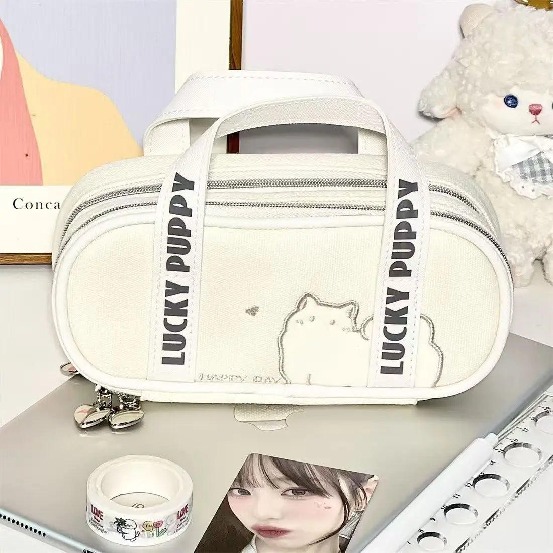 Cyflymder  1 Piece Cute Simplicity Kitten Pencil Case for Kids Beige Color Cat Puppy Pencil Pouch Large Capacity Stationery Storage Bag