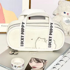 Cyflymder  1 Piece Cute Simplicity Kitten Pencil Case for Kids Beige Color Cat Puppy Pencil Pouch Large Capacity Stationery Storage Bag