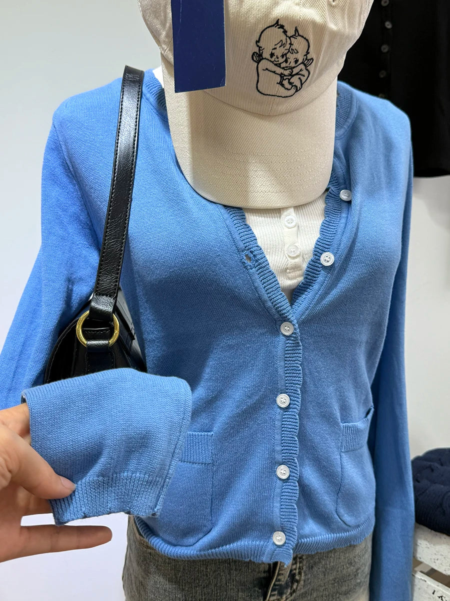 Cyflymder  Solid Basic Cotton Long Sleeve Knitted Cardigan Women Simple O-neck Casual Preppy Style Jumper Sweet Prepppy Style Sweater Top