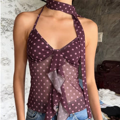 Cyflymder  Vintage Polka Dot Lettuce Edge Aline Halter Tie Cami Mesh Splice Sleeveless Top For Women Party Date Night Romantic Birthday
