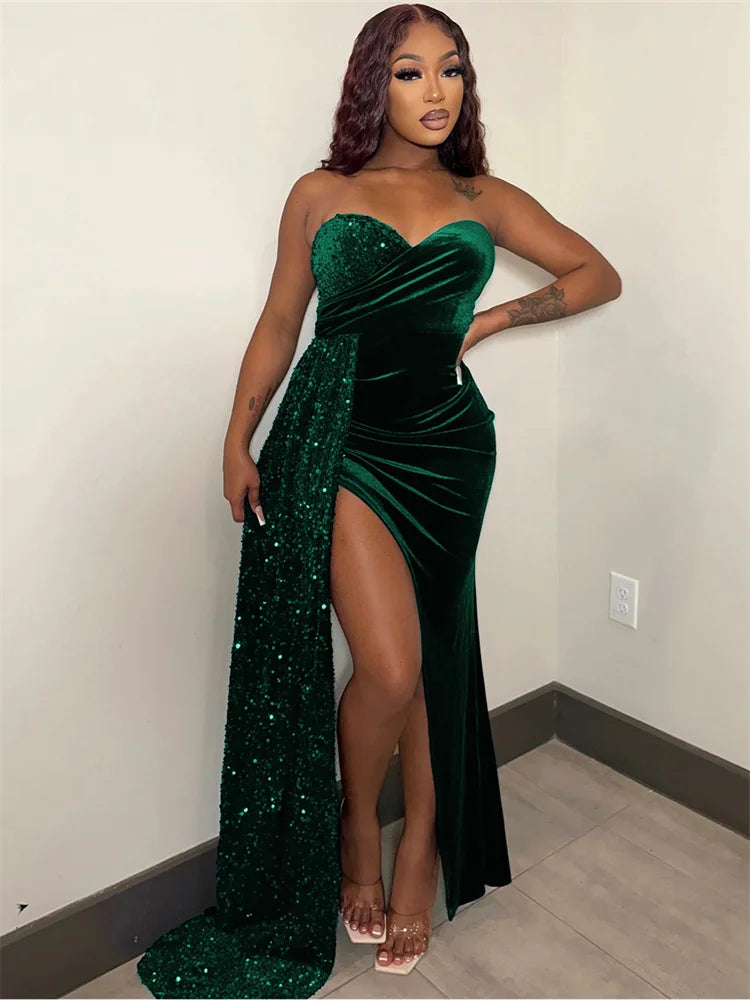 Cyflymder  Sexy Patchwork Dress Swing Wrap Breast Split Off Shoulder Maxi Vestidos Ruched Sleeveless Nightclub Party Women Dresses