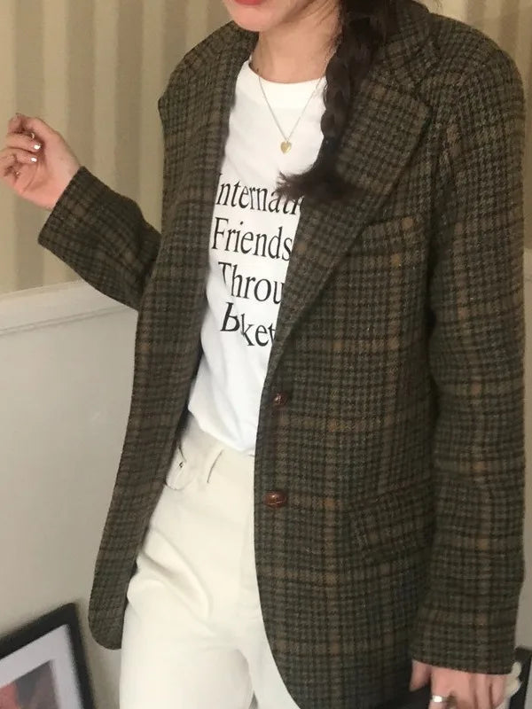 Cyflymder  Retro Briti Sle Plaid Woolen Coat Women's Chic Lapel Single Button Suit Jaet Trendy Mid-Length Long Sve Busin Wear