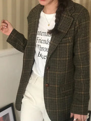 Cyflymder  Retro Briti Sle Plaid Woolen Coat Women's Chic Lapel Single Button Suit Jaet Trendy Mid-Length Long Sve Busin Wear