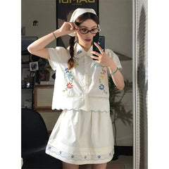 Cyflymder  2 Piece Sets Women Outfit Kawaii Lace Floral Embroidery Short Sleeve Shirts Vintage Cute Mini Skirt Summer New In Matching Sets