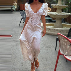 Cyflymder  Sexy V-neck Short Sleeve Satin Vacation Dress Elegant Lace Spliced Hollow Out Summer Dress Fashion Draped Hight Waist Long Dress