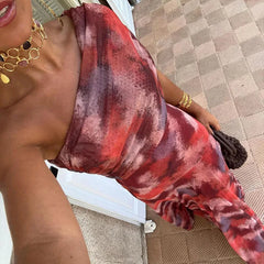 Cyflymder  Sexy Skew Collar Draped Swing Long Dress Woman Elegant Print Pleated Party Dress Summer Backless Hollow Out Maxi Dresses Vestido