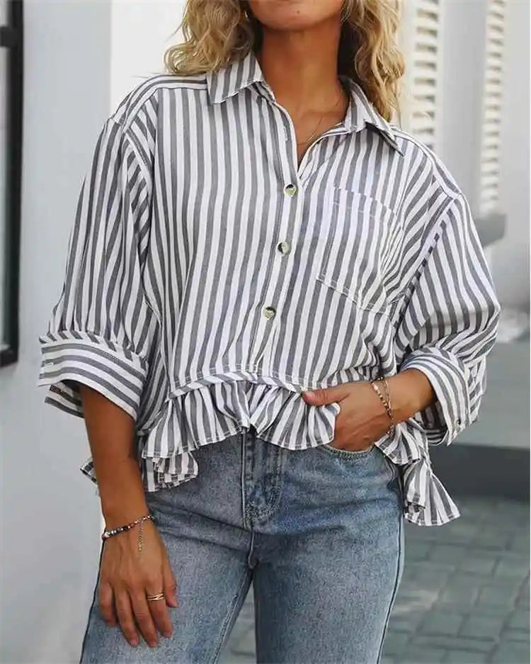 Cyflymder  Casual Stripe irt Women's Summer Top Button down ort Sve Gathered Hem Bubble Sve Polyester Fiber Commute Sleeve