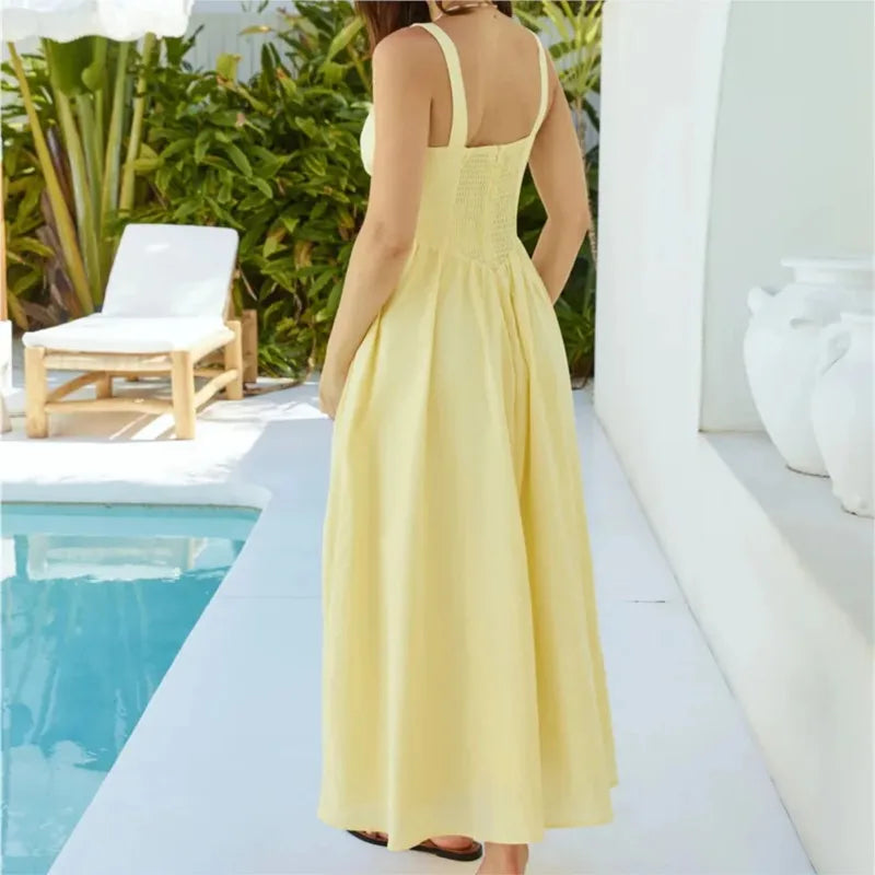 Cyflymder  Elegant Long Dress For Women Lace Up Sleeveless Square Neck Dresses 2025 New Summer Chic Casual Simple Vacation Beach Midi Dress