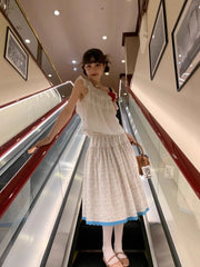 Cyflymder  Blue-edged Contrasting Small Floral Skirt Women's New Summer Retro French Pastoral Midi Skirt