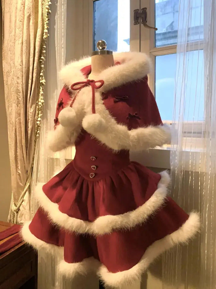 Cyflymder  Christmas Red suit Velvet Cake Puff Women's Dress Set Winter French Lady Princess Two Piece Outfit coat