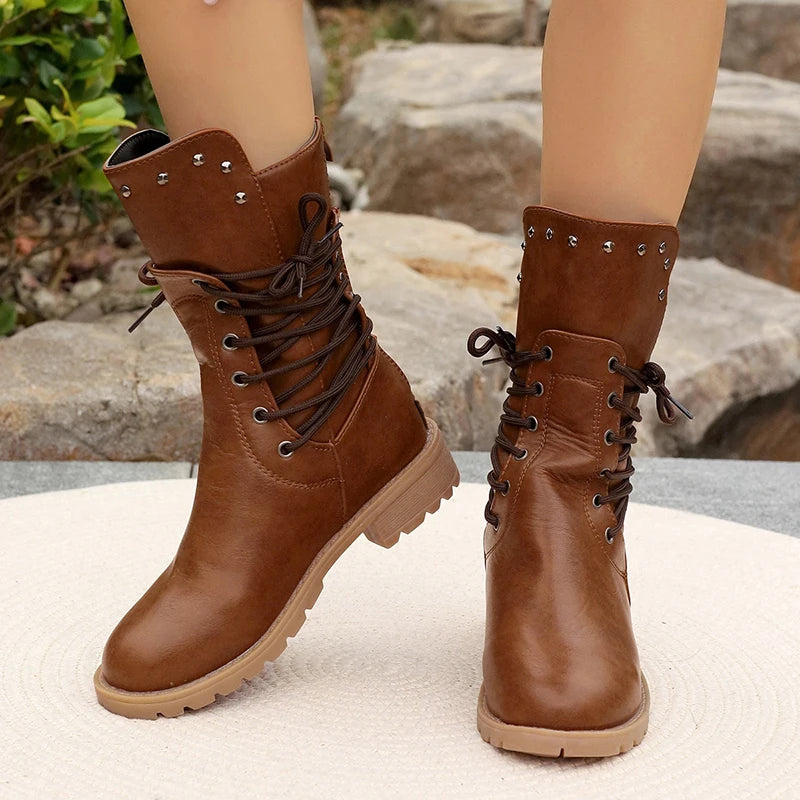 Cyflymder Autumn Winter Lace Up Mid Length Boots Women Retro Rivet Large Size Pu Leather Boots Fashion Solid Thick Heel Ladies Boots