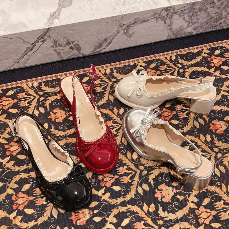 Cyflymder  Sweet Bowknot Patent Leather Mary Jane Shoes Women Summer Pointed Toe High Heel Sling Back Pumps Fashion Party Dress Shoes