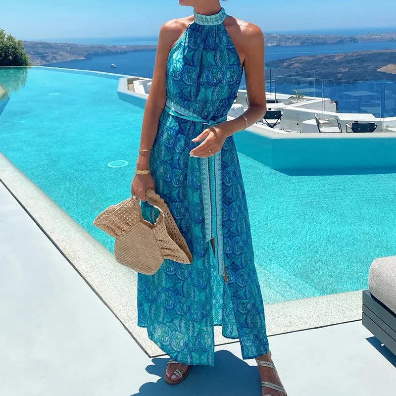 Cyflymder  Sexy Off Shoulder High Waist Party Dress Bohemian Print Beach Vacation Dress Lady Casual Hollow Out Sleeveless Satin Long Dress