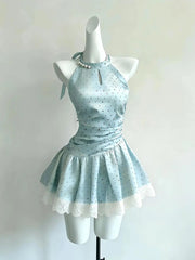 Cyflymder  Korean mint green halterneck dress summer resort style lace spliced short skirt for women