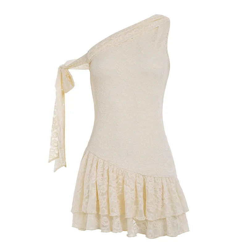 Cyflymder  French Elegant Sweet Lrregular Off The Shoulder Dress Y2k Exquisite Lace Slim Fit Summer Short Dress Harajuku Punk Clothes