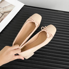 Cyflymder  New Spring/Summer Fashion Bow Thick-heeled French Marie Jean Square Toe Shallow Leather Casual Single Shoe for Women，34-40