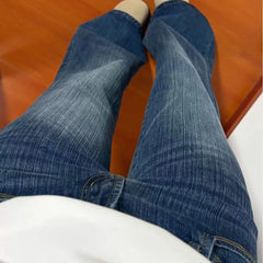 Cyflymder  Y2K Washed Denim Pants Women Low Rise Flared Jeans Bamboo Striped Elastic Non Stick Leg Slimming Retro Autumn Blue