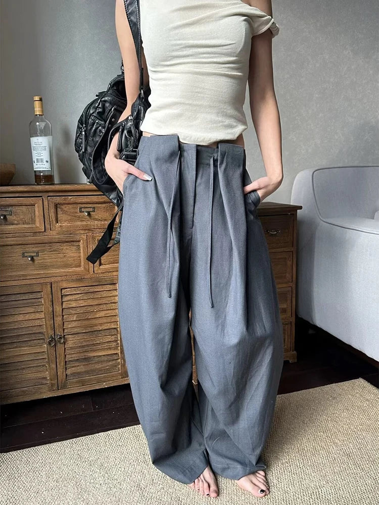Cyflymder  Korean Women's Gray Wide Leg Pants Summer Retro Loose Fit High Waist Flowy Office Trousers with Casual Elegant Design