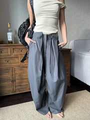 Cyflymder  Korean Women's Gray Wide Leg Pants Summer Retro Loose Fit High Waist Flowy Office Trousers with Casual Elegant Design