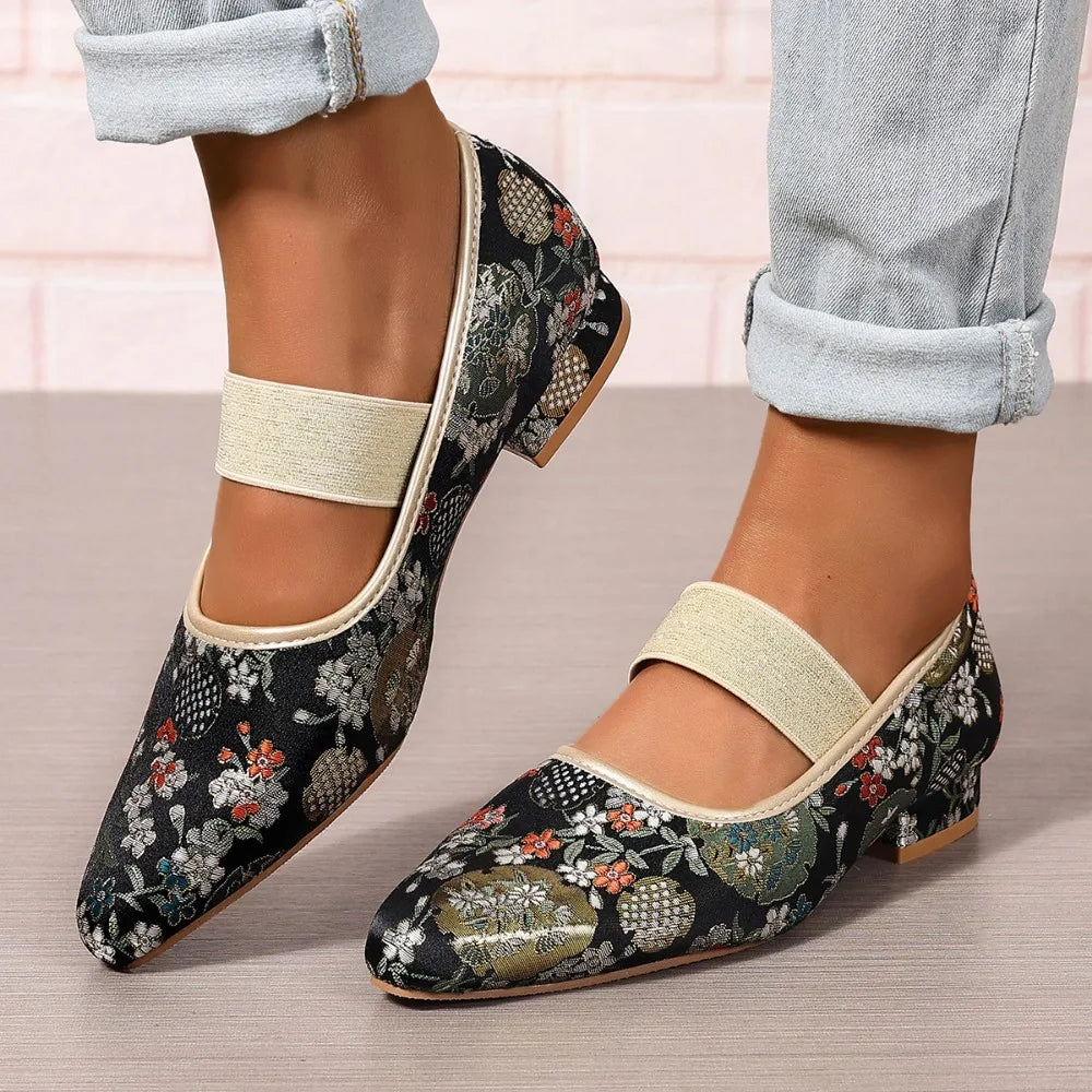 Cyflymder  Women's Low Heels Shoes Woman Elastic Band Point Toes PUmps Shallow Cloth Fabric Embroidery Women Ladies Square Heel Shoe