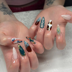 Cyflymder  24pcs y2k Retro Fake Nail Tips Sweet Cool Almond Press on Nails Wearable Wavy Striped Crocodile Pattern False Nails Patches