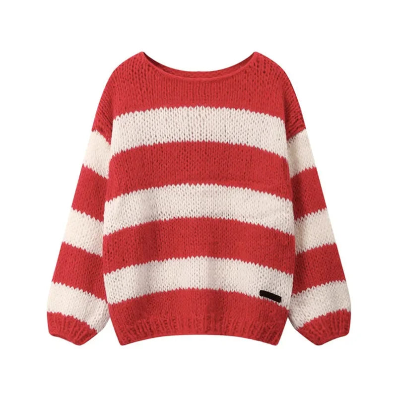 Cyflymder  Women Y2k Striped Sweater Oversized Long Sleeve Color Block Knitted Pullover Aesthetic Loose Crewneck Knit Tops
