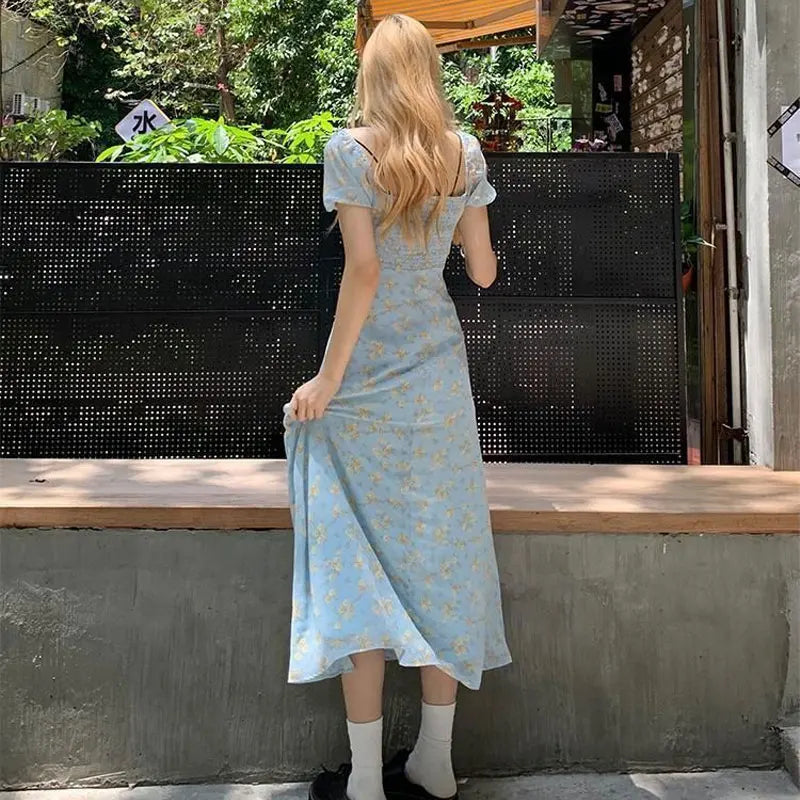 Cyflymder  French Style Puff Sleeve Broken Flowers Dresses Summer Sweet V-Neck Women's Clothing Backless A-Line Fashion Split Long Dress