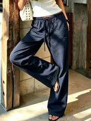 Cyflymder  Solid Color Drawstring Long Pants Mid Waist Ankle-length Loose Fit Fashion Straight Casual Trousers Street Daily Outfit