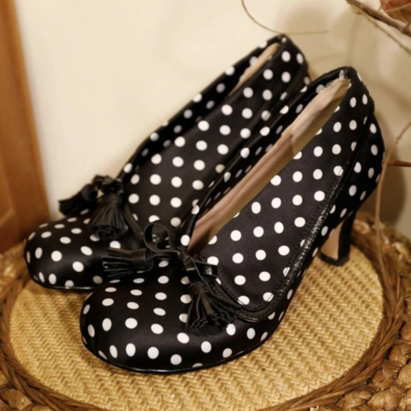 Cyflymder  Bow Tassel Decoration Chunky Heel Women Pumps Fashion Polka Dot Elegant High Heels for Ladies Spring Party Designer Shoes