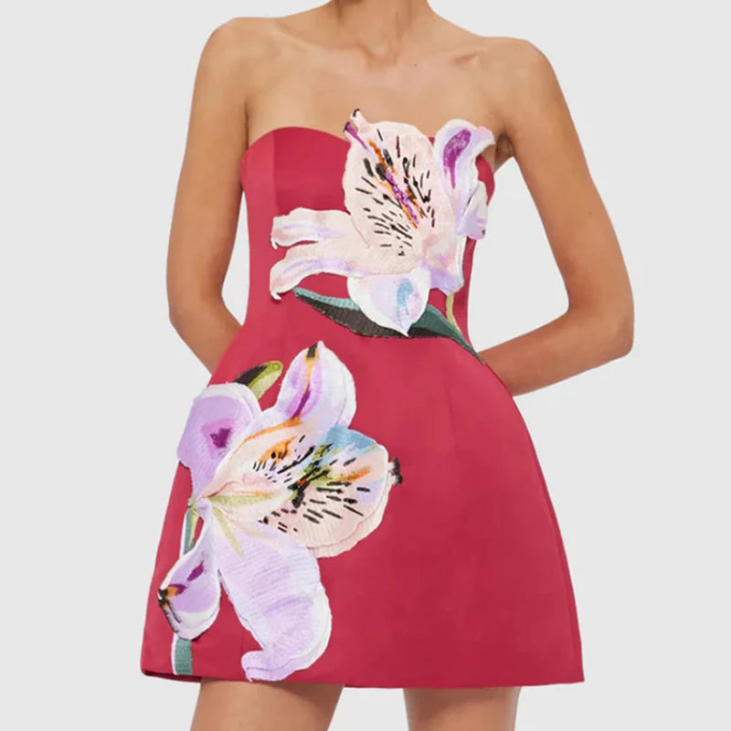 Cyflymder  Lady Elegant Strapless Waist Banquet Dress Fashion Sleeveless Hollow Cocktail Dresses Casual Floral Print Backless Holiday Dress