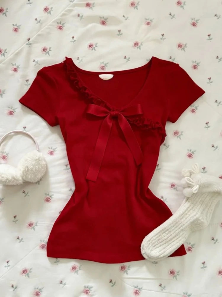 Cyflymder  New Sweet Red Niche Bow Lace Tops Women Korean Fashion Kawaii Short Sleeved T-shirt Women Waist Slim Y2k Clothing  Spring