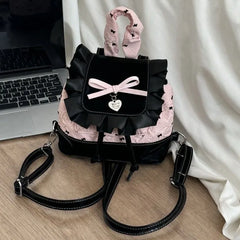 Cyflymder  Lolita Black Pink Bow Ruffled Backpack Women Girls Compact Sweet Edgy Commuter Versatile Rucksack Ladies Elegant Mochilas Mujer