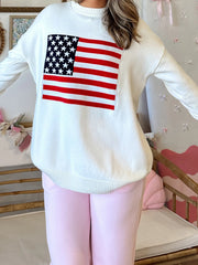 Cyflymder  Women s Casual Long Sleeve Round Neck Knit Sweater with Vintage American Flag Print Loose Pullover for Spring