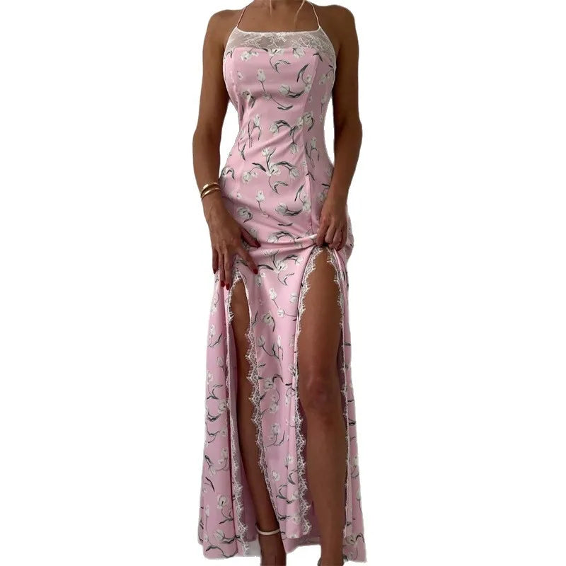 Cyflymder  Summer Floral Print Maxi Dress Outfits Sexy Backless Fairy Sun Spaghetti Strap Dress Vacation Beachwear Vestido Coquette