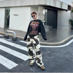 Cyflymder  Women High Waisted Straight Leg Pants Vintage Streetwear Casual Trousers with Cow Print Tie Dye Pattern