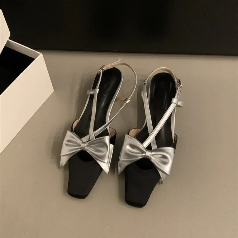 Cyflymder  Bow Summer Woman Sandals  Janes Shoes Flats Square Toe Slippers New Slingback Fashion Shoes Party Dress Mujer