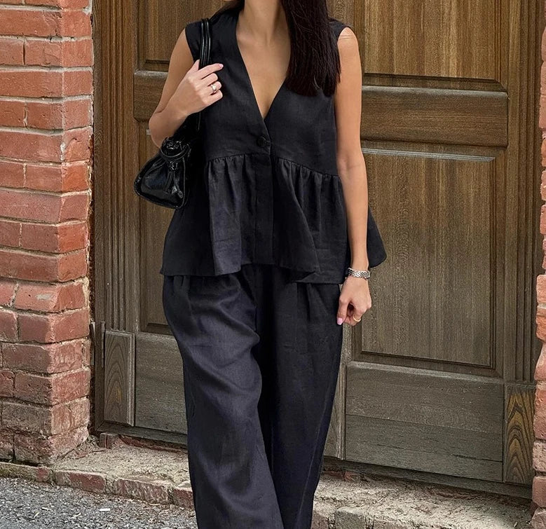 Cyflymder  The New V-neck Sleeveless Ruffled Loose Two-piece Set for Summer Features A Stylish and Casual Design