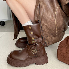 Cyflymder  Vintage Height Increase  Women Knight Boots Square Heels Goth Mid Calf Booties Buckle Strap Casual Shoes
