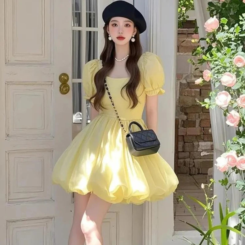 Cyflymder  Woman Dress Square Collar Puff Short Sleeve Ruffles 2025 Summer Fashion Elegant Mini Dresses Sweet Female Casual