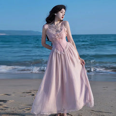 Cyflymder  Retro French Style Pink Dress For Slim Lady Summer Jacquard Lace Spaghttti Strap Sexy Long Dresses Party Night Robe Rose Vestido