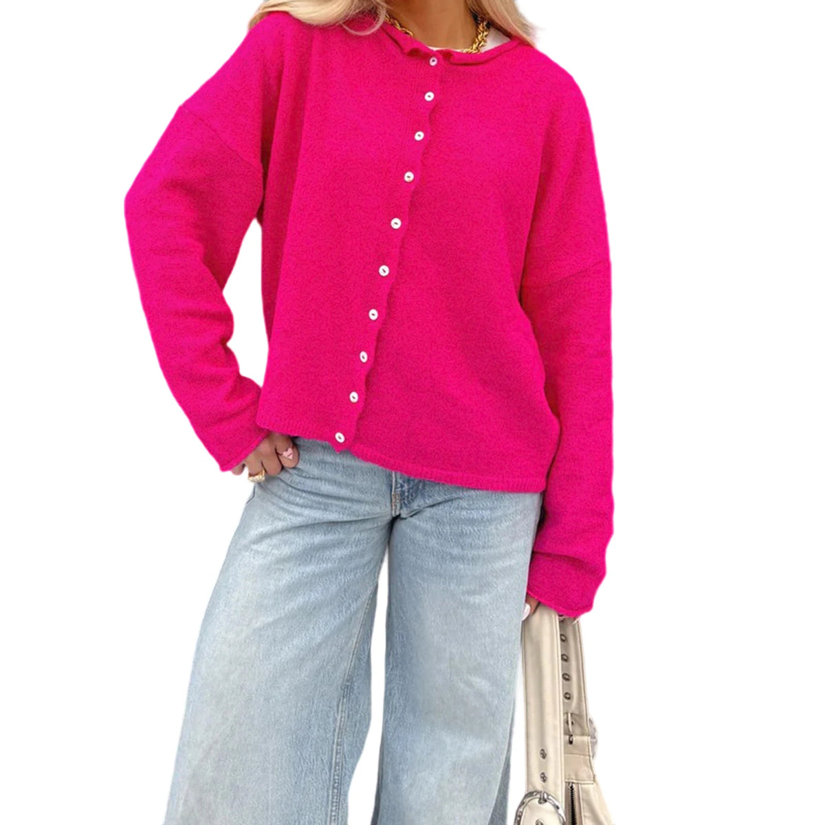 Cyflymder  Stylish Women s Knit Cardigan with Long Sleeves and Button Closure - Versatile Solid Color Loose Fit Sweater for Fashionistas