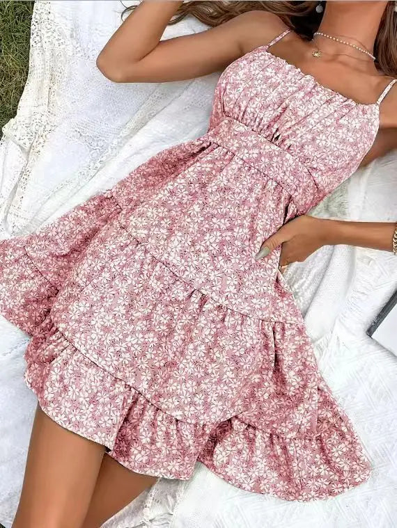 Cyflymder  French Floral Dress for Women's Summer Elegant Ruffle Hem A-line Strap Dress Fashion Female Clothes