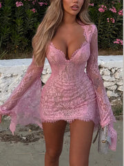 Cyflymder  Women's Dress Sexy Lace See Through V- Neck Knitted Flare Sleeve Mini Dresses 2025 Summer Evening Party Lady Vestidos