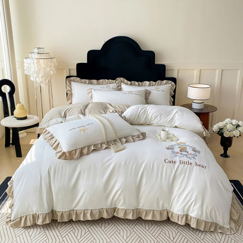 Cyflymder  French Embroidered Bed Skirt Bedding Sets Washed Cotton Knitted Bedclothes with Ruffled Edges Universal Size Textile Supplies